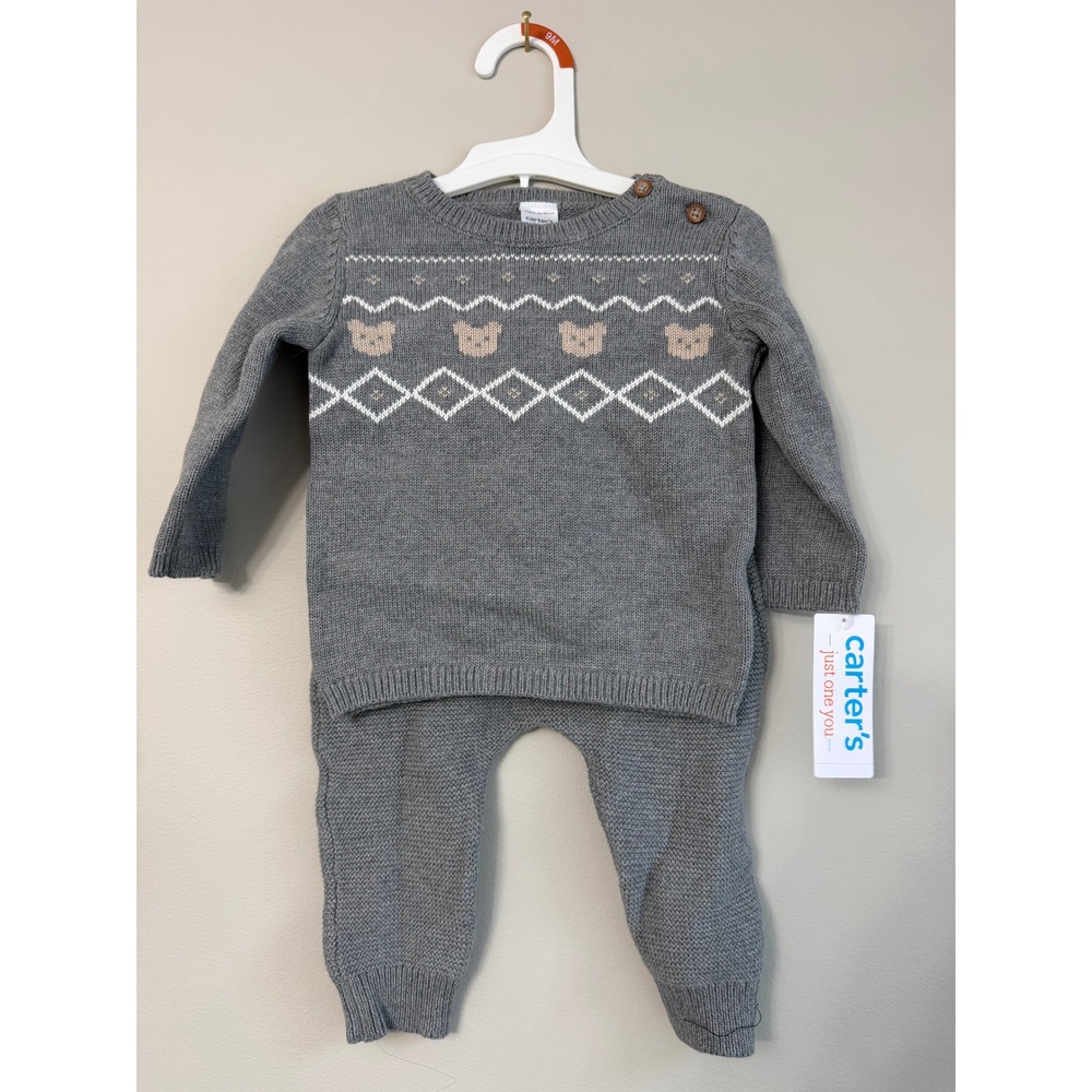 Carters Sweater and Pants Set Baby 9M Gray Bear Knit Fair Isle NWT 1T230710